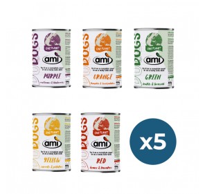 Pack 5u. AMI Purple / Red / Orange / Green / Yellow 400g – Alimento húmido vegano completo para cães
